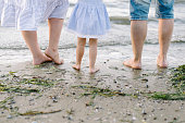Back view of baby girl walking on the beach with father and mother. rear view family