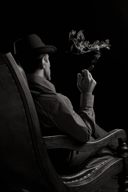 Back View Of Man Sitting On Armchair And Smoking Cigar  gangster stock pictures, royalty-free photos & images