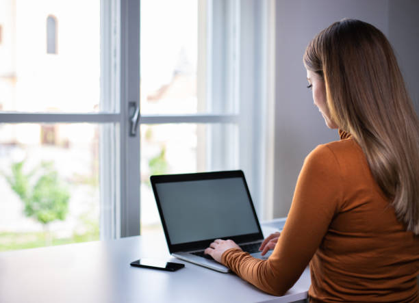 Back view of young female freelancer working on her laptop by the window stock photo