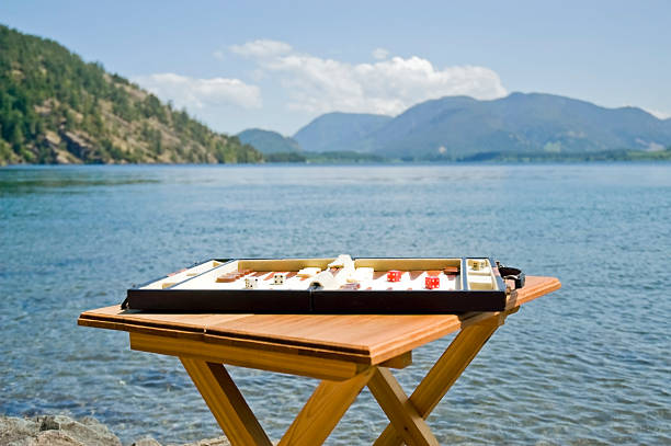 Backgammon on the Water This vintage backgammon game was set upon a hand-made fold-up table along the coastline of Lake Cowichan. backgammon stock pictures, royalty-free photos & images