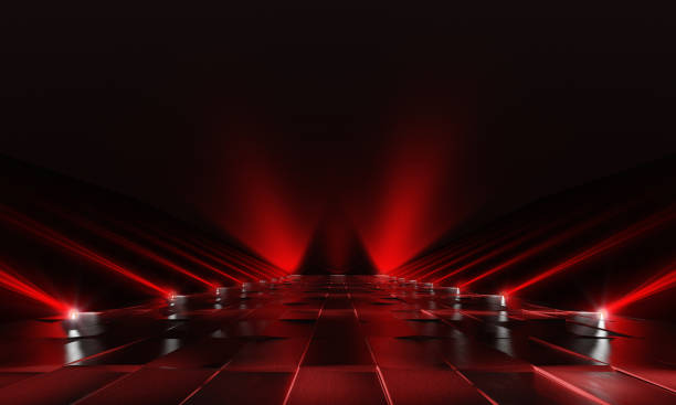 sfondo del podio rosso scuro vuoto con luci e pavimento di piastrelle. rendering 3d - red spotlight foto e immagini stock