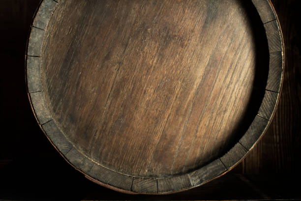 Background of Old worn oak wooden barrel stock photo