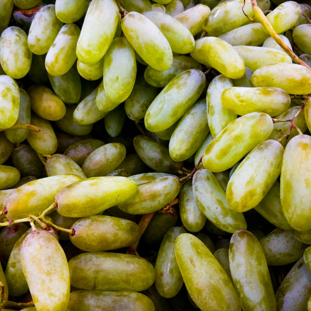 Background of ripe green grapes in the market. Ripe fruits on the counter. stock photo