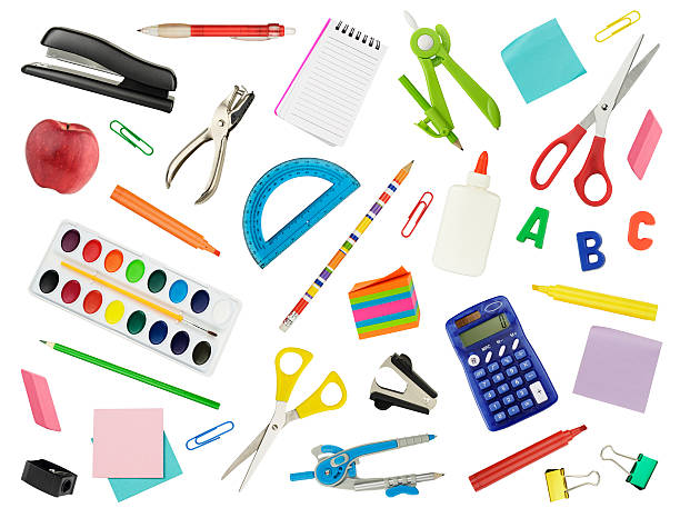 Background of various back to school materials Arrangement of school supplies isolated on white. school supplies stock pictures, royalty-free photos & images