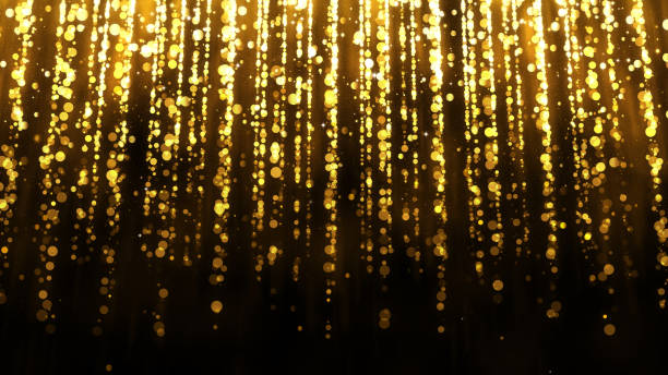 Background with falling gold glitter particles. Rain of golden confetti with magic light, glamour. Beautiful animated christmas background stock photo