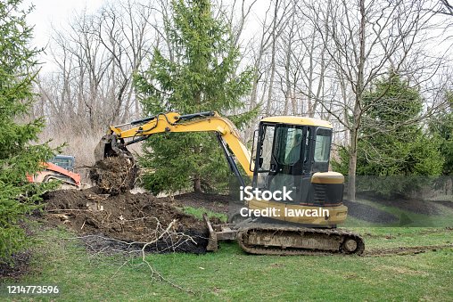 istock Backhoe Removing Tree Root 1214773596