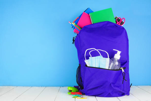 Backpack full of school supplies and COVID 19 prevention supplies against a blue background Backpack full of school supplies and COVID 19 prevention supplies. Blue background. Back to school during pandemic concept. backpack stock pictures, royalty-free photos & images