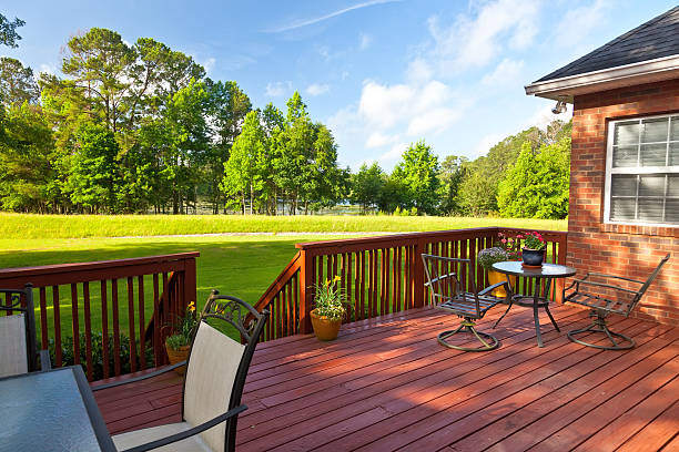 Backyard Deck Residential backyard deck overlooking lawn and lake deck stock pictures, royalty-free photos & images