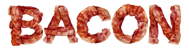 Bacon Food Text Bacon food text as a cooked thin slice of cured meat shaped as letters isolated on a white background. bacon stock pictures, royalty-free photos & images