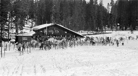 Badger Pass ski lodge in Yosemite National Park, California, USA 1950. Scanned film with grain.