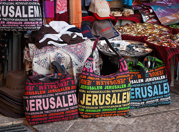 Bags  with JERUSALEM inscription for sale in Old City . stock photo