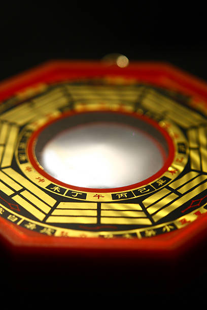 Bagua Mirror "a chinese feng shui Bagua mirror.  Commonly used to fend off evil spirits.  Shallow DOF, focus is on the row of characters near the edge of the mirror." feng shui mirror stock pictures, royalty-free photos & images