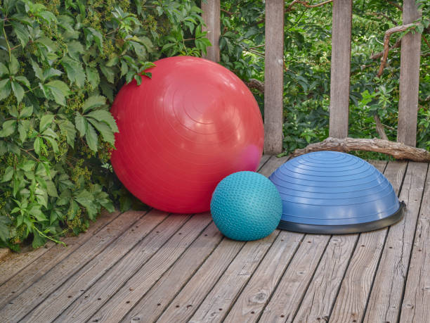 Balance Swiss, bosu and slam training balls stock photo