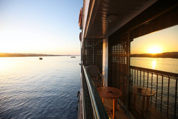 Balcony of Cruise Ship at Sunset stock photo