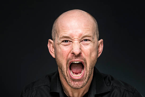 balding man screaming at camera angry balding man looking at camera mouth open stock pictures, royalty-free photos & images