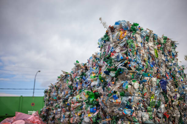 Bales of flattened plastic bottles are collected and packed for recycling stock photo