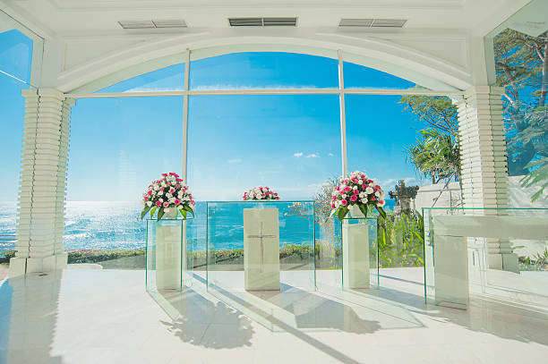 bali glass church wedding stock photo