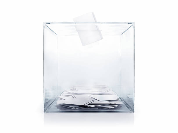 Ballot box with votes Front view of transparent ballot box with votes on white background, 3d render ballot box stock pictures, royalty-free photos & images