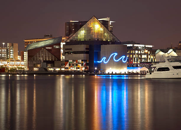 Baltimore's Inner Harbor and National Aquarium Lit at Night Baltimore's Inner Harbor cityscape at night with low clouds. The National Aquarium is aglow casting beautiful reflections on the calm water of the harbor. inner harbor baltimore stock pictures, royalty-free photos & images