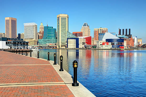 Baltimore's Inner Harbor Baltimore skyline along the Inner harbor baltimore maryland stock pictures, royalty-free photos & images