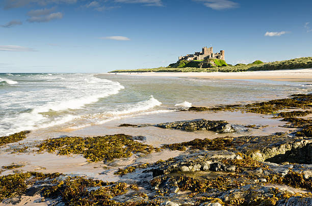 Bamburgh Castle with waves Bamburgh Castle taken here from the north beach dates back to the 6/7th century northumberland stock pictures, royalty-free photos & images