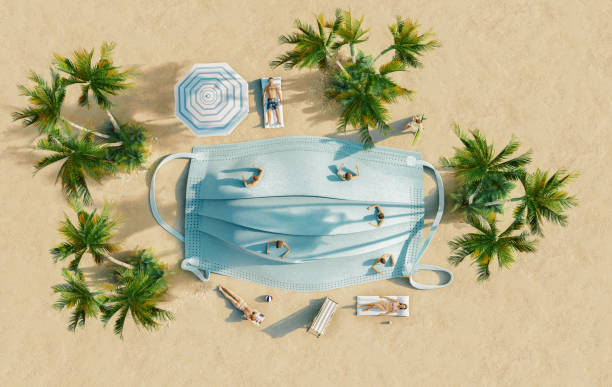 Ban on travel to summer vacation due to risk of virus with breathing mask on the beach, 3d rendering concept stock photo