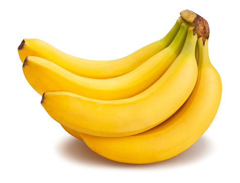 Top view photo of one peeled ripe banana in the middle on isolated pastel blue background