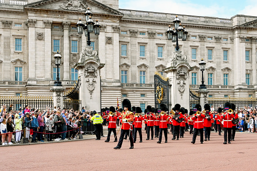 London, England - August 2021: Regimental band of the Welsh Guards marching from Buckingham Palace after the Changing of the Guard ceremony