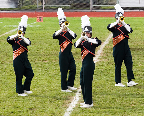 Trumpet line performing a halftime show. Focus on face visible in player facing left.
