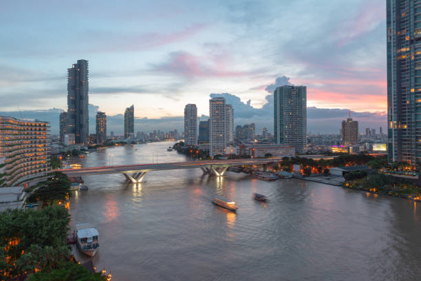 Bangkok Cityscape Business Administrative center with river view during sunset. Picture taken on Oct 25 2021. stock photo