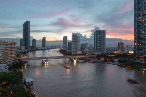 Bangkok Cityscape Business Administrative center with river view during sunset. Picture taken on Oct 25 2021. stock photo