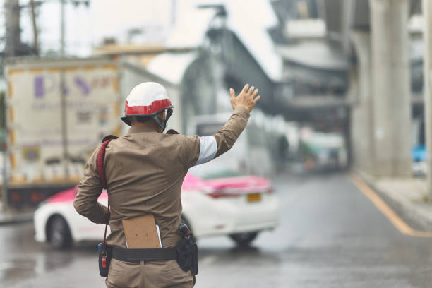 Bangkok ,Thailand,Jan 15,2019-Thai traffic policeman in working action stock photo