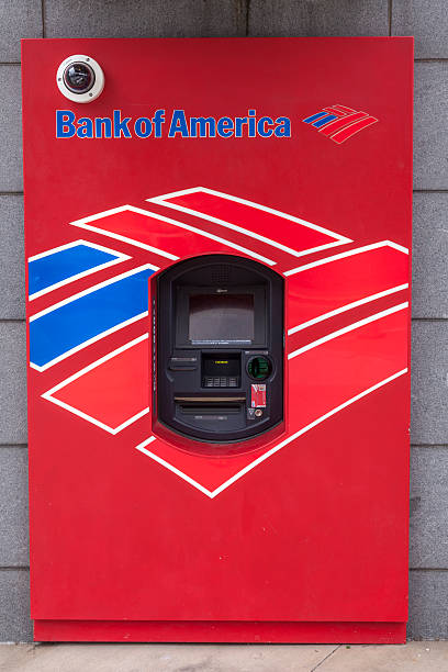 Bank of America ATM Dallas, Tx, USA - April 8, 2016: Red Bank of America ATM in the city of Dallas. Texas, United States bank of america stock pictures, royalty-free photos & images