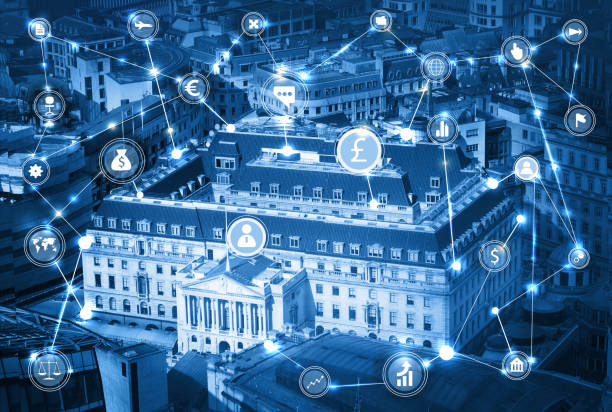 은행의 영국 런던의 도시 및 비즈니스 아이콘의 많은 비즈니스 네트워크 연결 개념 그림. 기술, 변환 및 혁신 아이디어입니다. - bank of england 뉴스 사진 이미지
