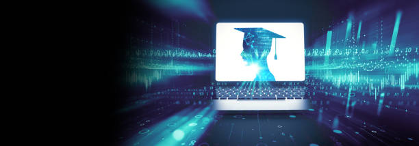 banner of virtual human silhouette on laptop screen banner of virtual human silhouette on laptop screen,concept of online education or e-learning.3d illustration online degree stock pictures, royalty-free photos & images