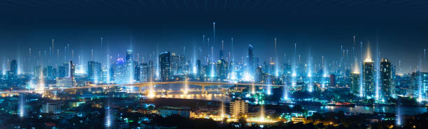 Banner smart city dot point connect with gradient line, connection technology concept. Bangkok city background at night with big data in Thailand, Panorama view. stock photo