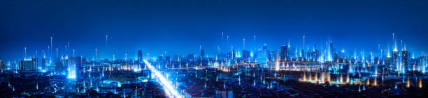 Banner smart city dot point connect with gradient line, connection technology metaverse concept. Bangkok city background at night with big data in Thailand, Panorama view. stock photo