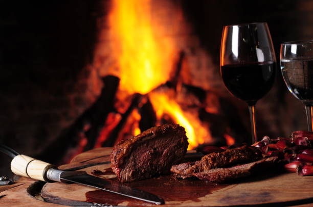 barbecue being served with red wine - fire portugal imagens e fotografias de stock
