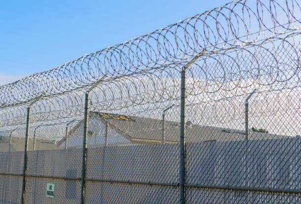 Barbed wire prison fence stock photo