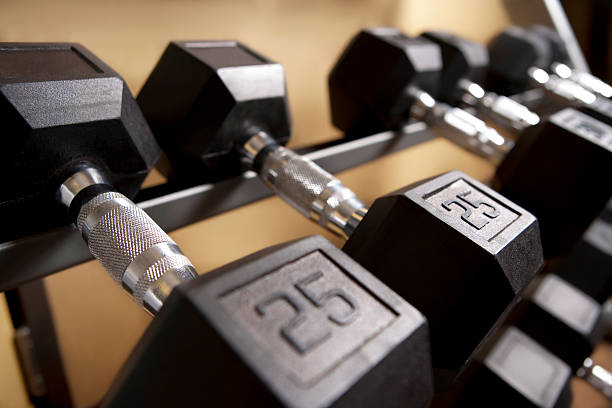 Barbells set at indoor gym.See more in this Lightbox:
