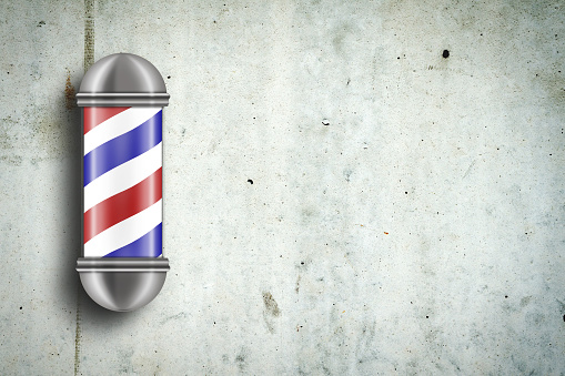 ✓ Imagen de Barberos contra un muro de hormigón gris. Copia espacio.  Concepto de peluquería. Fotografía de Stock
