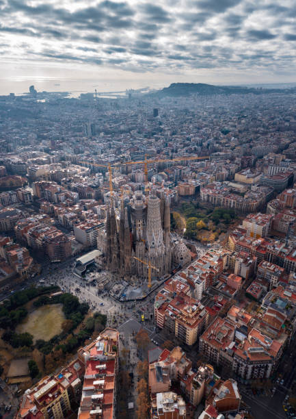 Barcelona; aerial view of Temple Expiatori de la Sagrada Familia stock photo