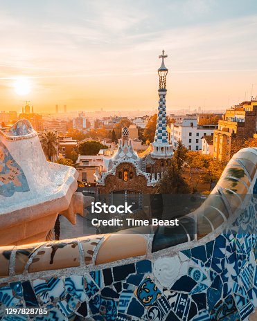 istock Barcelona at sunrise viewed from park Guell, Barcelona 1297828785