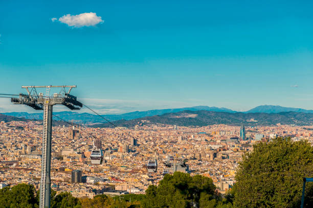 City of Barcelona seen from Mount Serrat to the Sgrada Família basilica and a cable car in the first plan, spain