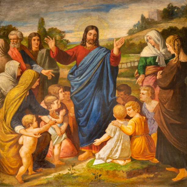 Barcelona - The painting of Jesus among the children stock photo