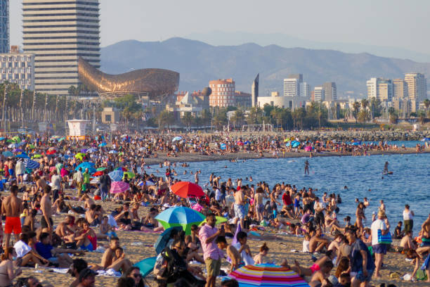 Barceloneta and San Sebastian beach in Barcelona in summer. Crowded playa, tourism stock photo