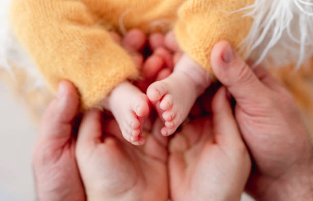 Bare feet of newborn in parents hands stock photo