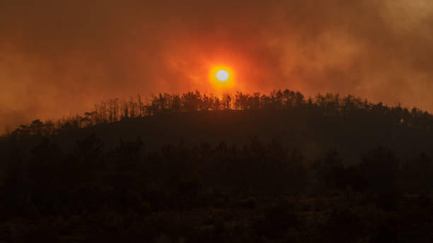 Barely visible sun between wilfire smokes stock photo