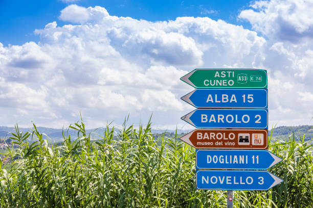 Barolo village road sign, Unesco site, Italy stock photo