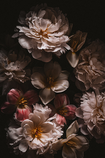Dark-toned photo of white peony and tulip bouquet